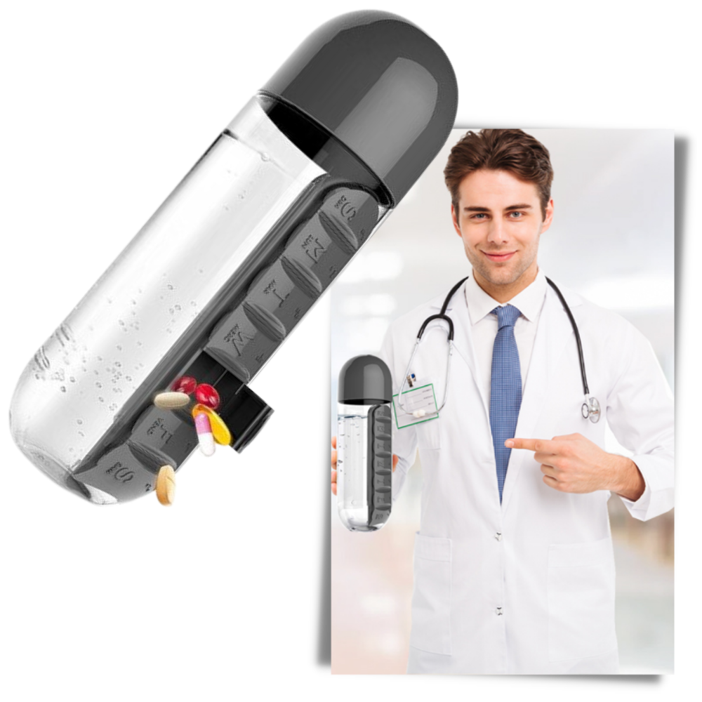 Bouteille d'eau en plastique avec pilulier