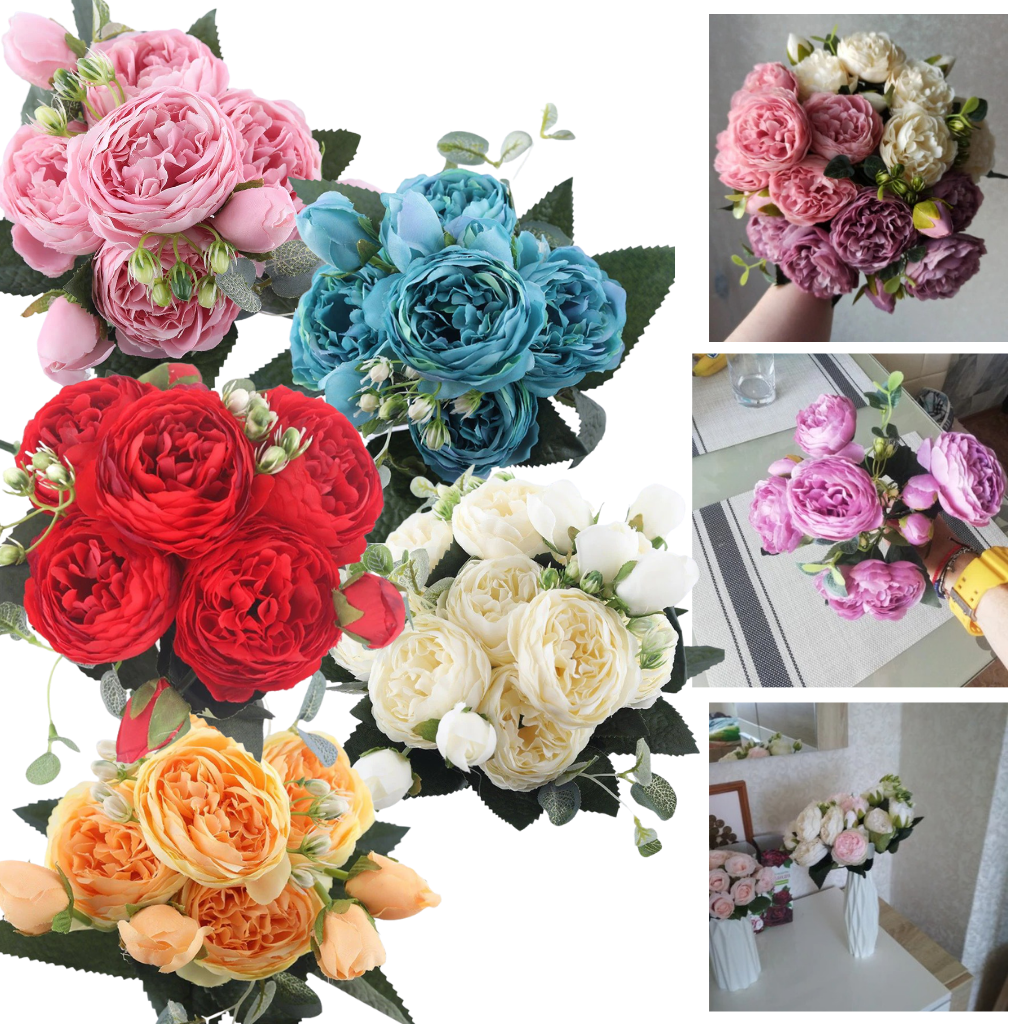 Bouquet de fleurs artificielles en soie, pivoines et roses